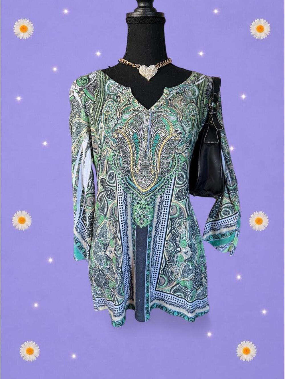 Vintage Y2K Hannah McBling Rhinestone Paisley Boho Tunic Top Size Large 💚